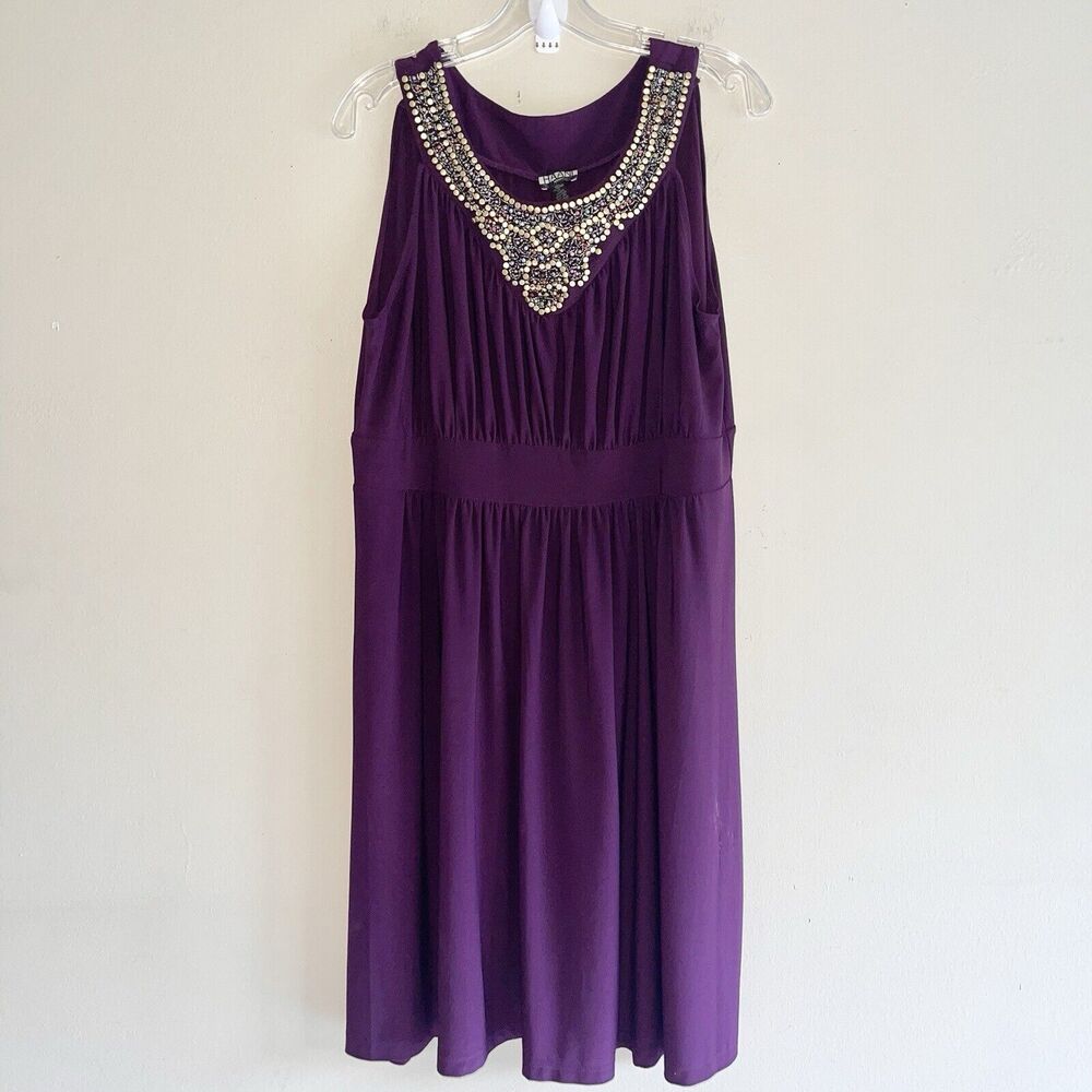 Haani Formal Dress Women Plus Size 1X High Waist Golden Beaded Neckline Purple